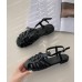 Black Flat Sandals Faux Leather Comfy Buckle Strap Water Sandals