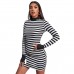 European and American foreign trade women's sexy slim dress simple long-sleeved round neck slim black and white striped dress summer