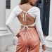 European and American cross-border women's backless lace-up long-sleeved T-shirt navel-baring sweater lace peach collar sexy solid color vest